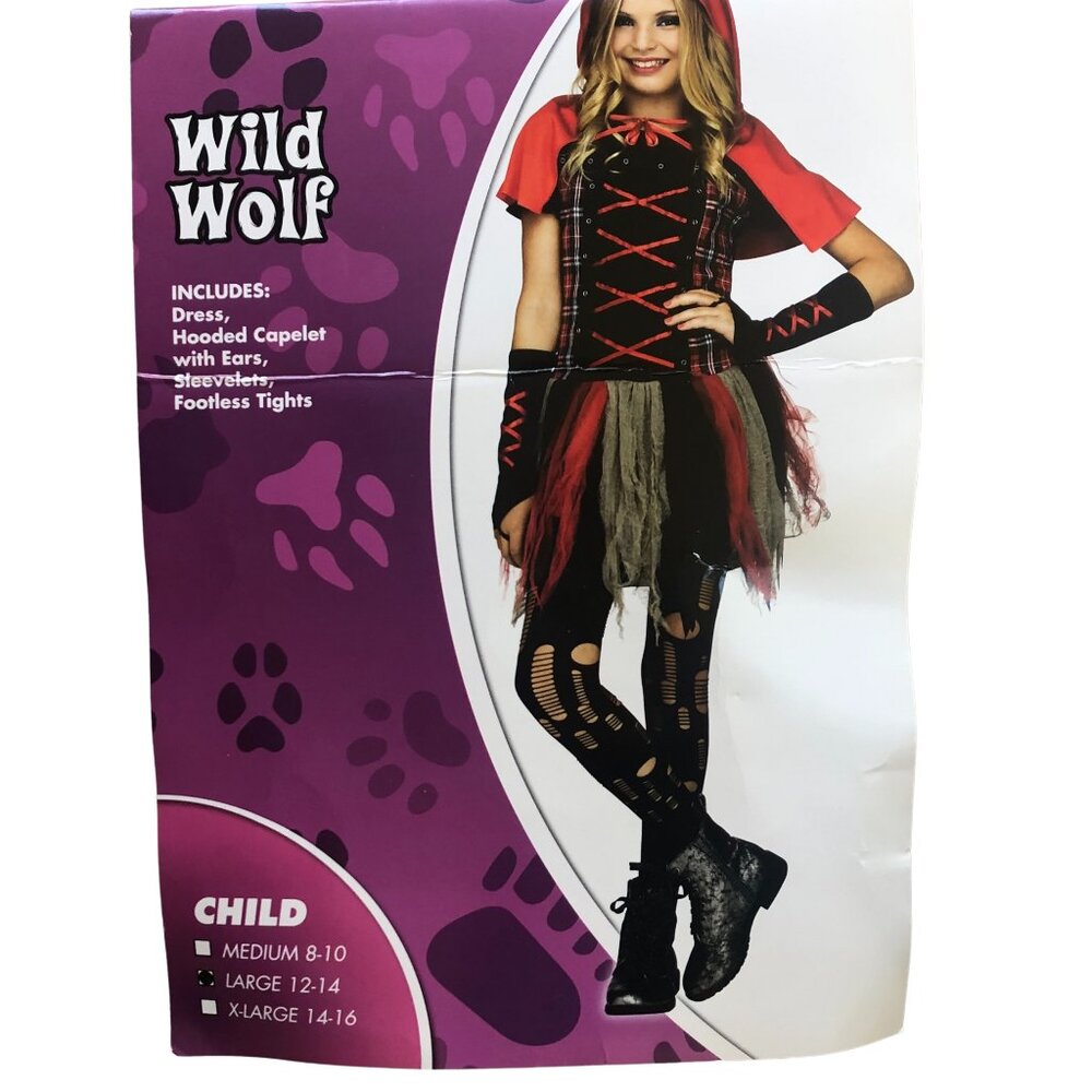 NEW Wild Wolf Girls Halloween Costume Large 12-14, Dress & Hooded Capelet